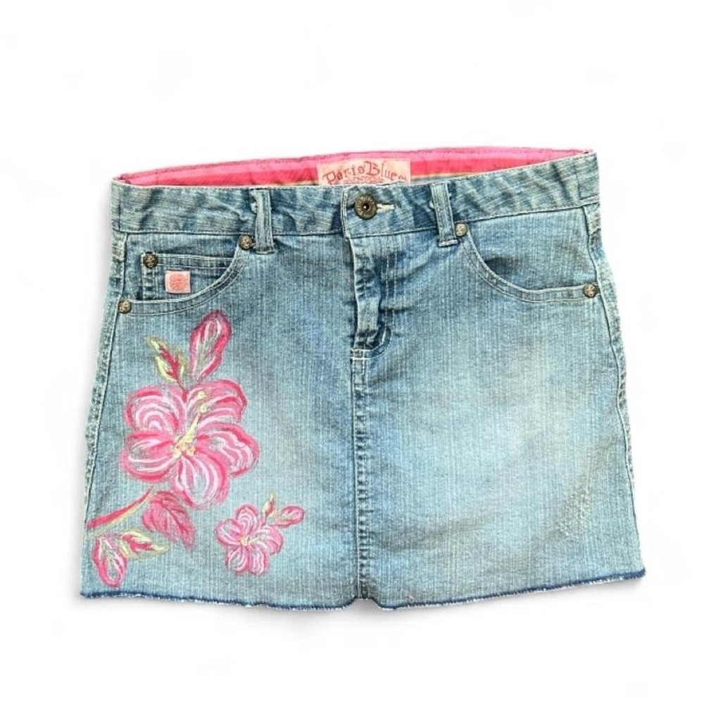 Y2K Paris Blues Pink Floral Blue Denim Mini Skirt Kids Girls Size 10